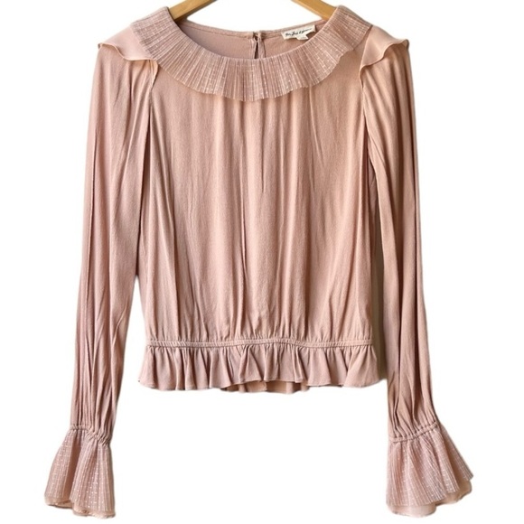 For Love & Lemons Evie Button Back Blouse Tan Nude Lace Trim Long Sleeve Sz XS - Picture 6 of 16